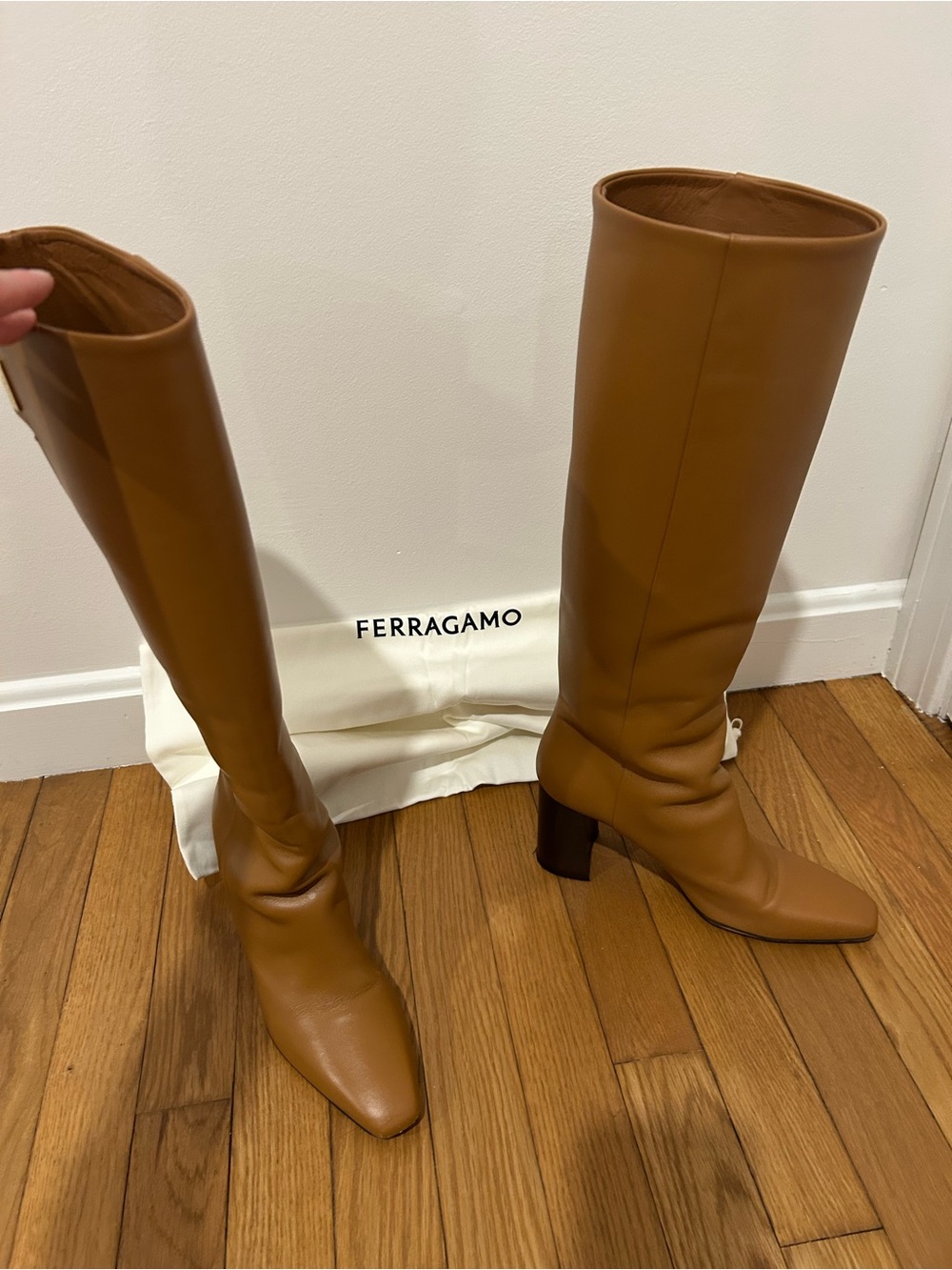 Ferragamo Tan Leather Knee High Block Heel Boots Size 6.5
